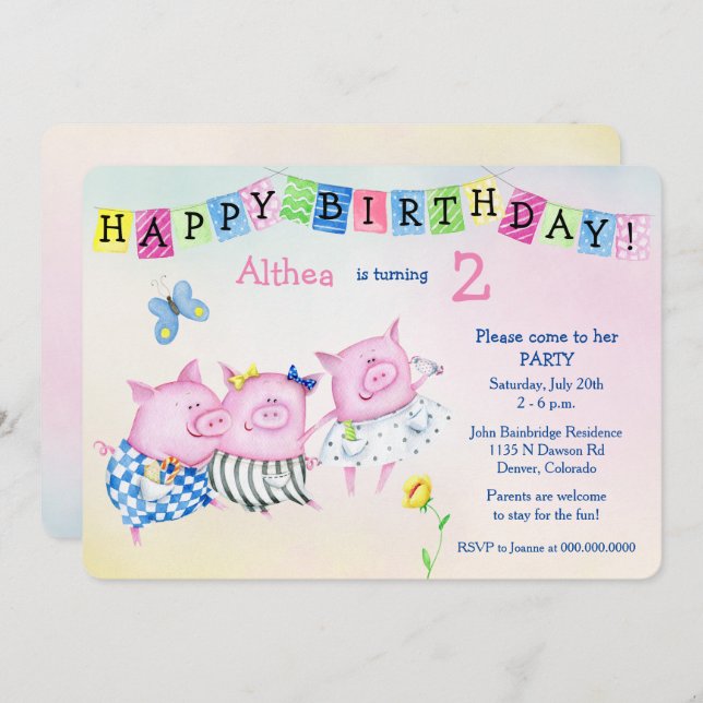 Adorable Three Pigs Kids Birthday Party Invitation (Front/Back)