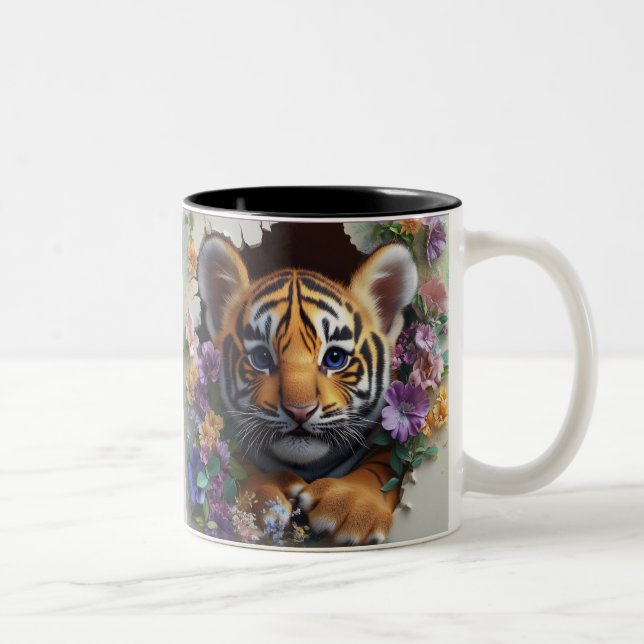 Adorable Tiger Cub Peeking Through Colourful Flora Two-Tone Coffee Mug (Right)