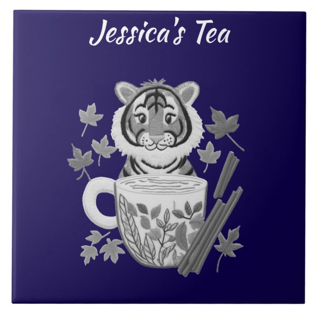Adorable Tiger with Herbal Tea. Personalize Tile (Front)