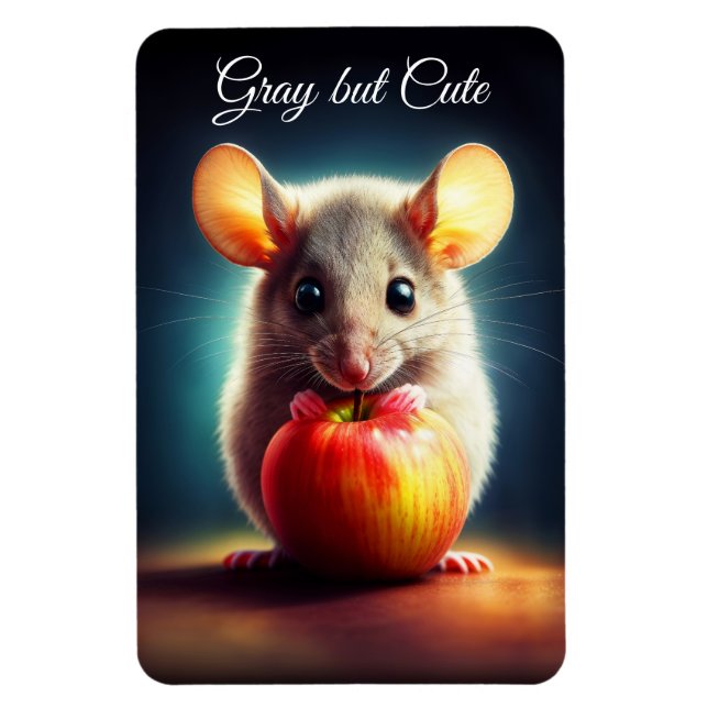 Adorable tiny rodent holding red apple close magnet (Vertical)