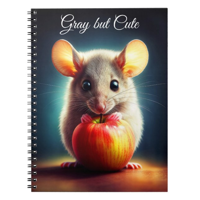 Adorable tiny rodent holding red apple close notebook (Front)