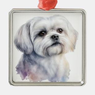ADORABLE TINY WHITE MALTESE PUPPY DOG METAL ORNAMENT