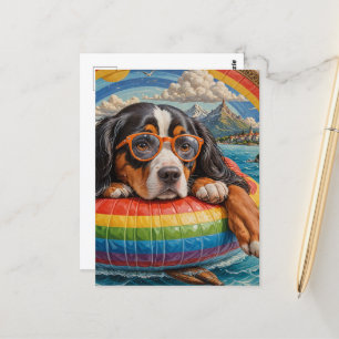 Adorable Tri Colour Dog enjoys Floating in a Lake  Postcard