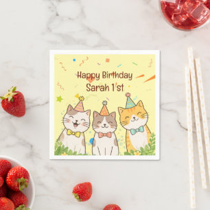 Adorable Trio of Birthday Cats   Custom Name & Age Napkin