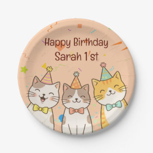 Adorable Trio of Birthday Cats   Custom Name & Age Paper Plate