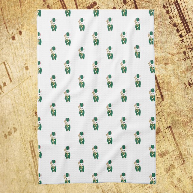 Adorable Trombone Bunny Band Green Gold Pattern Kitchen Towel (A kitchen towel with a pattern of trombone holding rabbits.)