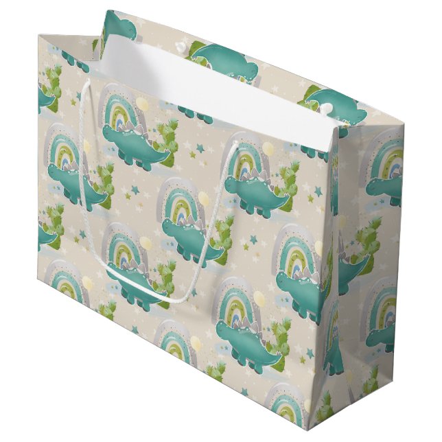 ADORABLE TURQUOISE DINOSAURS & RAINBOWS LARGE GIFT BAG (Front Angled)