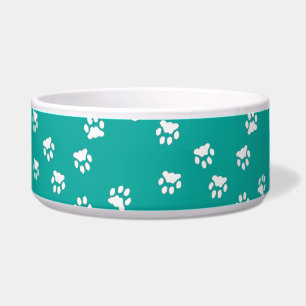Adorable Turquoise White Paw Print Large Dog Bowl