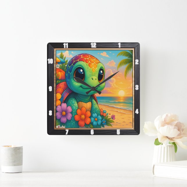 Adorable Turtle Beach Sunset Square Wall Clock (Home)