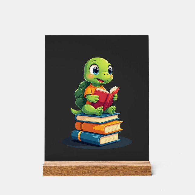 Adorable Turtle Reading Books (1) Acrylic Sign (Front)