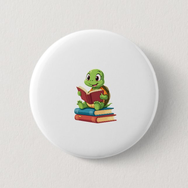 Adorable Turtle Reading Books (2) 2 Inch Round Button (Front)