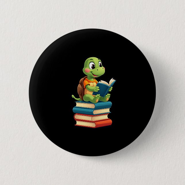 Adorable Turtle Reading Books (4) 2 Inch Round Button (Front)