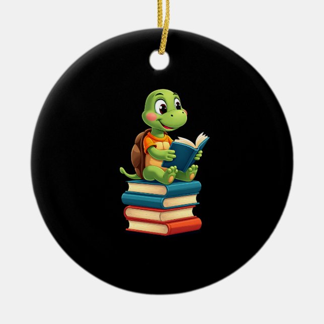 Adorable Turtle Reading Books (4) Ceramic Ornament (Front)