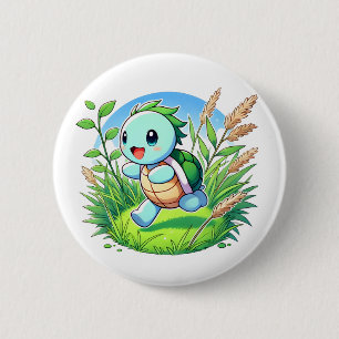 Adorable turtle running through a field 2 inch round button