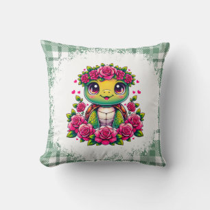 Adorable Turtle with Floral Crown Throw Pillow