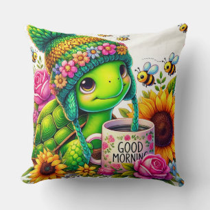 Adorable Turtle with Mug Throw Pillow