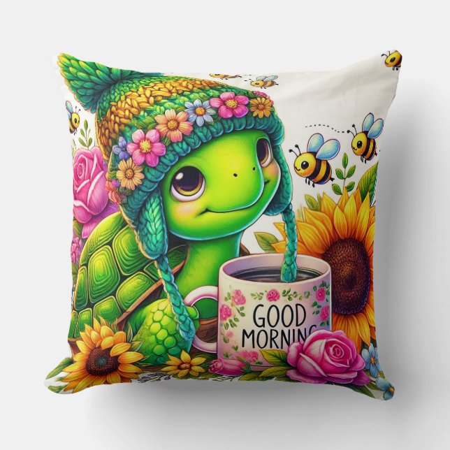 Adorable Turtle with Mug Throw Pillow (Front)