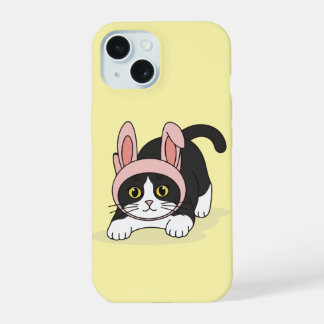 Adorable Tuxedo Cat in Pink Bunny Hat Aesthetic iPhone 15 Case