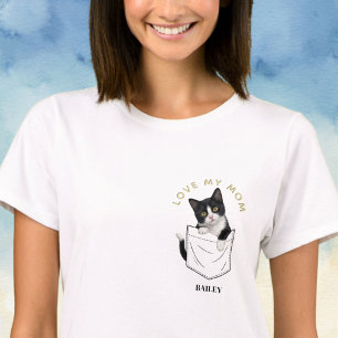 Adorable Tuxedo Cat in Pocket Personalized Name T-Shirt