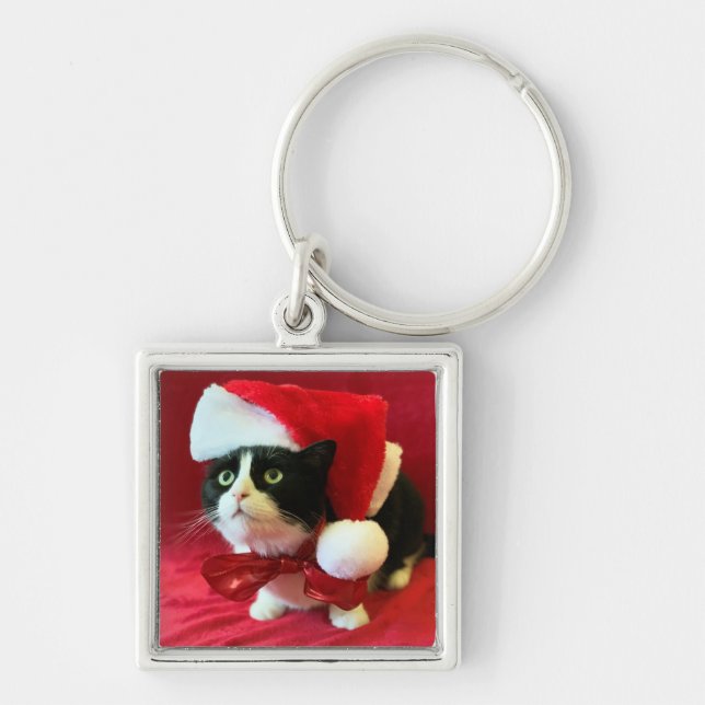 Adorable Tuxedo Cat in Santa Hat Keychain (Front)