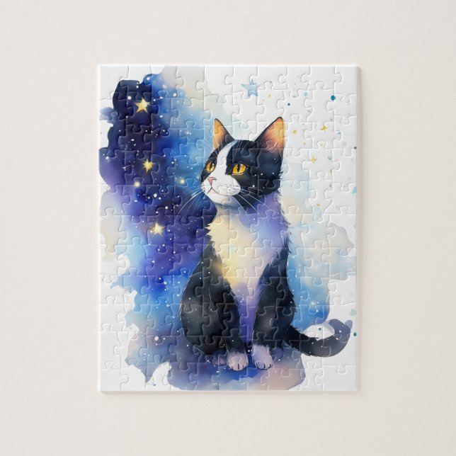 Adorable Tuxedo Cat Watercolor Illustration Jigsaw Puzzle (Vertical)