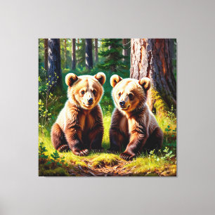 Adorable Twin Bear Cubs in a Sunlit Forest Clearin Canvas Print