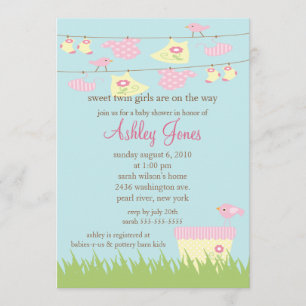 Adorable Twin Girls Clothesline Baby Shower Invitation