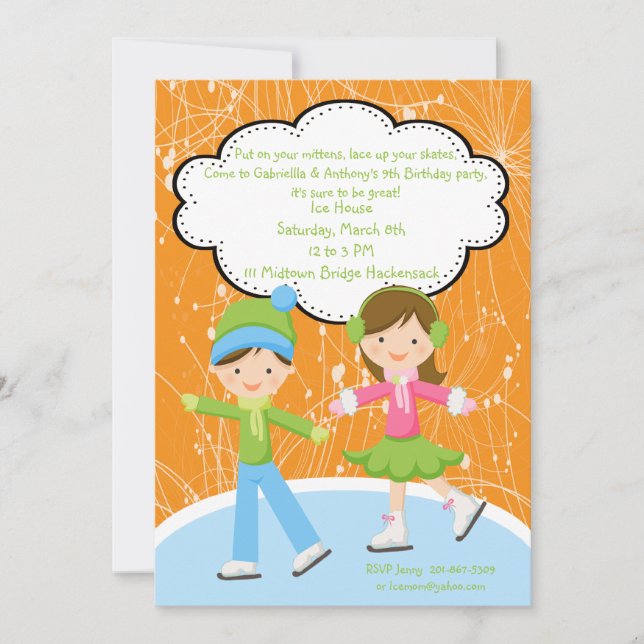 Adorable Twins Ice Skating Birthday Invitation (Front)