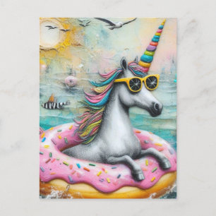 Adorable Unicorn floating in a Glazed Doughnut Postcard