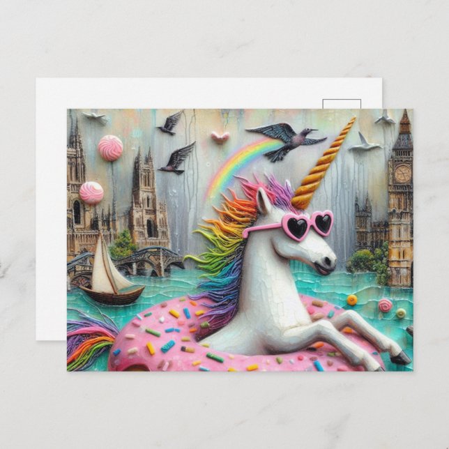 Adorable Unicorn floating on a Doughnut City River Postcard (Front/Back)