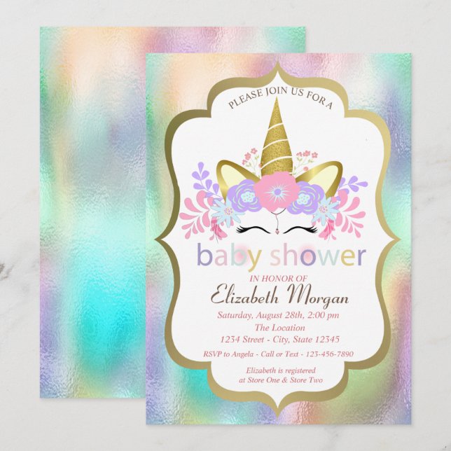 Adorable Unicorn,Floral,Holographic Baby Shower Invitation (Front/Back)