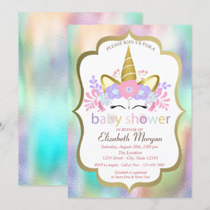 Adorable Unicorn,Floral,Holographic Baby Shower Invitation