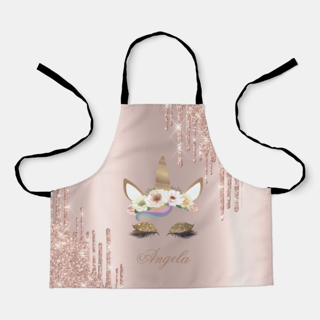 Adorable Unicorn Floral Rose Gold Glitter Drips Apron (Front)