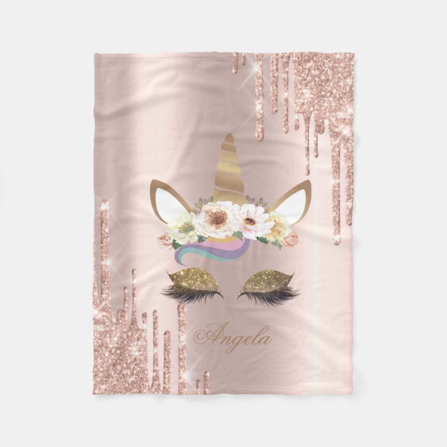Adorable Unicorn Floral Rose Gold Glitter Drips Fleece Blanket (Front)