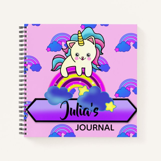 Adorable Unicorn Kitty Cat sitting on a Rainbow Notebook (Front)