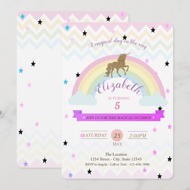 Adorable Unicorn,Rainbow Stars Birthday Invitation (Front/Back)