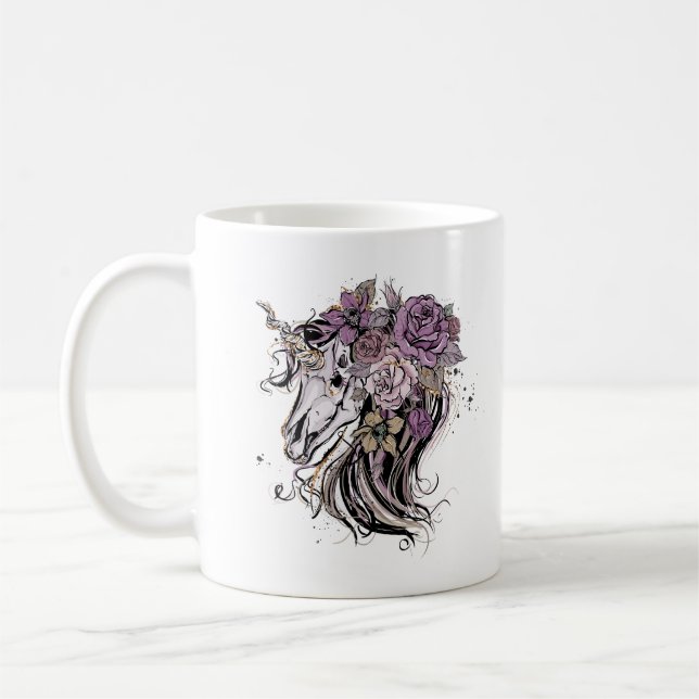 Adorable Unicorn Skull and Flowers Boho Coffee Mug (Left)