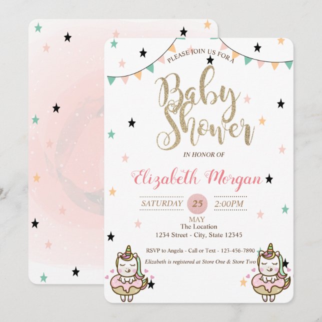 Adorable Unicorn, Stars Baby Shower Invitation (Front/Back)