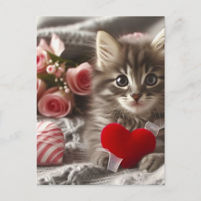 Adorable Valentine Fluffy Grey Kitten AI Art Postcard (Front)