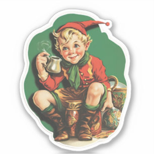 Adorable Vintage Christmas Elf Coffee Break