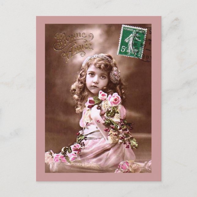 Adorable Vintage French Girl Portrait Postcard (Front)