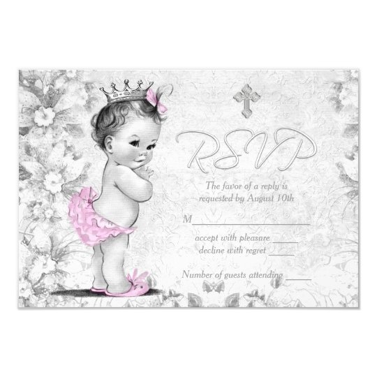 Adorable Vintage Pink and Grey Baptism RSVP Card