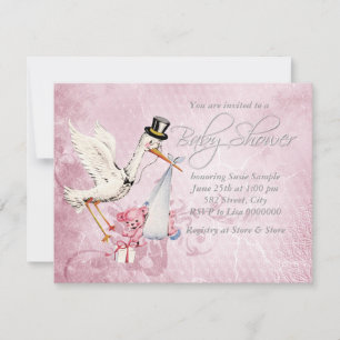 Adorable Vintage Pink Stork Baby Shower Invitation