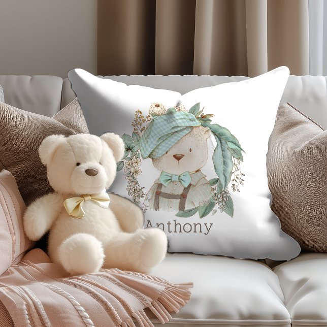 Adorable Vintage Teddy Bear with Child's Name Throw Pillow (Personalize this pillow with your child's name.)