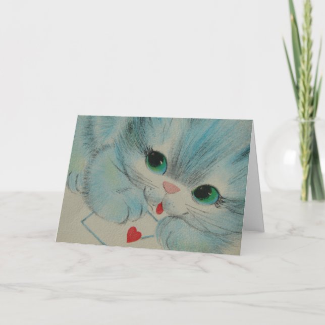 Adorable Vintage Valentine Kitten Holiday Card (Front)