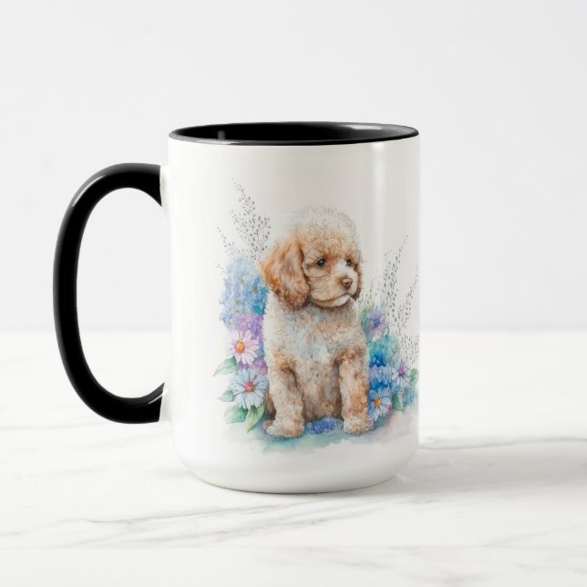 ADORABLE WATERCOLOR APRICOT FRENCH POODLE PUPPY MUG (Left)