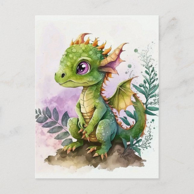 Adorable Watercolor Baby Dragon with Purple Eyes Postcard (Front)