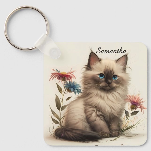 Adorable Watercolor Birman Kitten Keychain (Front)