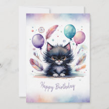 Adorable Watercolor Black Kitten Happy Birthday