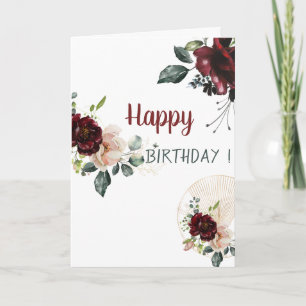 Adorable Watercolor Burgundy Flowers Birthday  Card